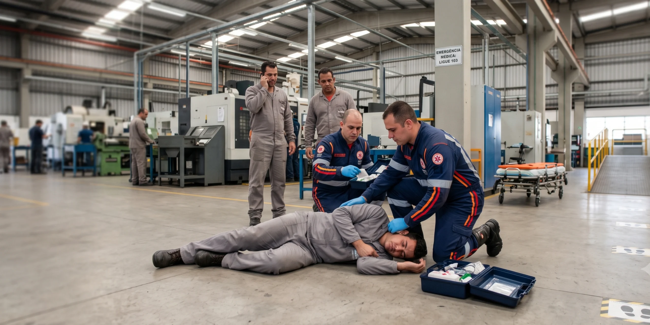 Foto em formato de banner horizontal mostrando um trabalhador de fábrica deitado no chão após passar mal, recebendo atendimento de primeiros socorros de dois bombeiros civis de uniforme escuro. Ao fundo, o galpão industrial com máquinas, outros operários observando e uma maca de emergência.