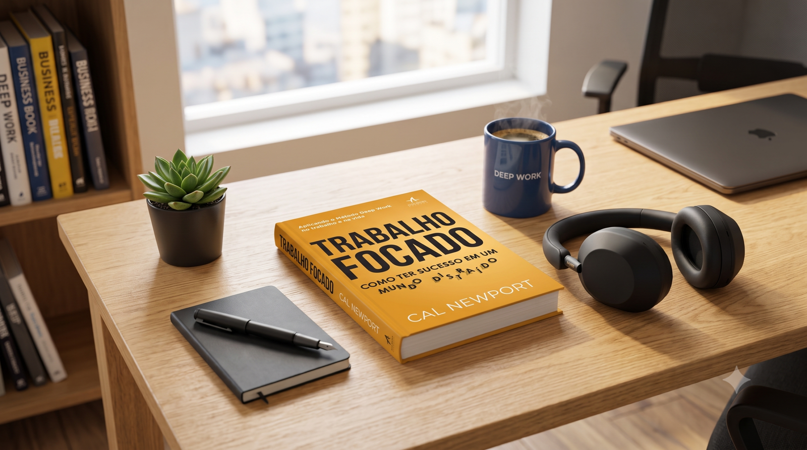 Fotografia de estilo flat lay de um escritório organizado, mostrando a capa brasileira do livro "Trabalho Focado" de Cal Newport sobre uma mesa de madeira, com fones de ouvido e café ao lado.