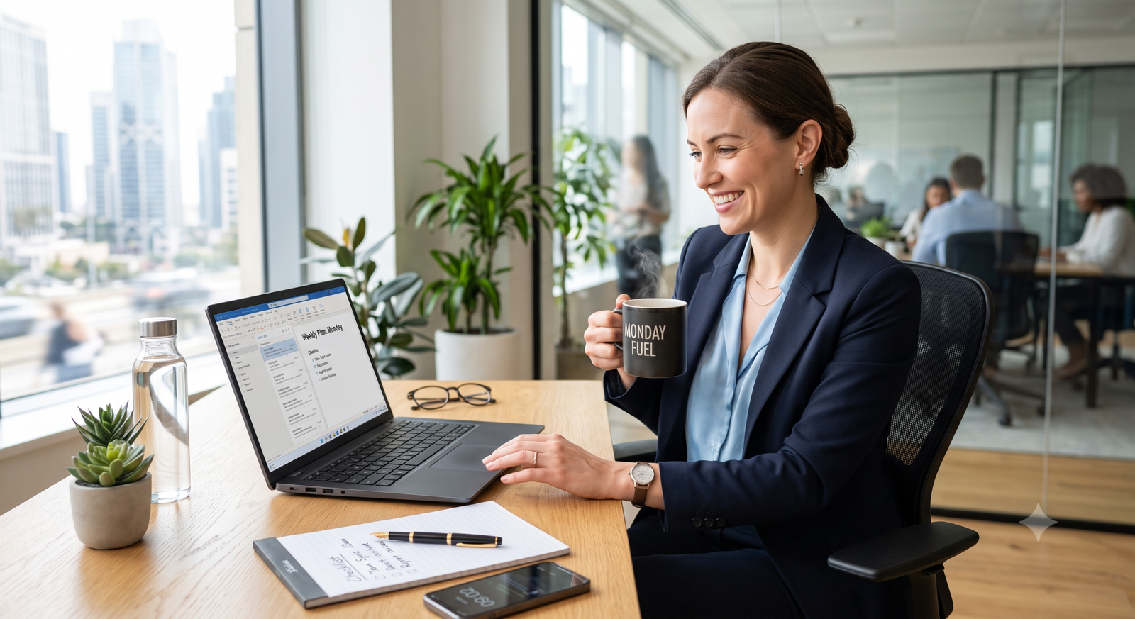 Mulher profissional de Departamento Pessoal sentada à mesa com notebook e caneca de café, iniciando rotina de segunda-feira.
