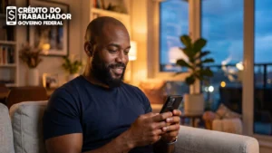 Homem no sofá usando o celular para consultar o empréstimo consignado no aplicativo da Carteira de Trabalho Digital.