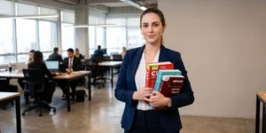 Foto de uma advogada em pé em um escritório moderno, segurando um conjunto de três livros de Direito, incluindo um volume da CLT e um livro sobre Direito do Trabalho. O escritório ao fundo é amplo e iluminado, com outros profissionais trabalhando.