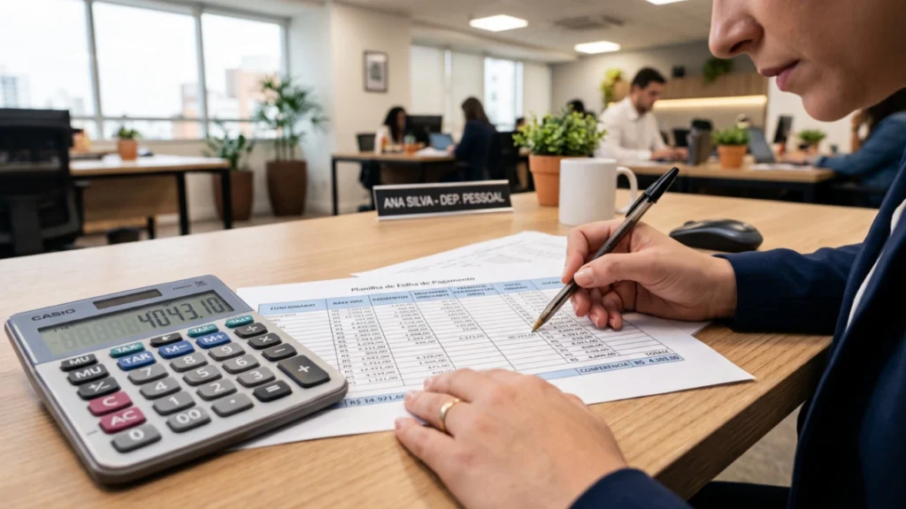 Uma profissional de Departamento Pessoal escreve com uma caneta em uma planilha impressa intitulada "Planilha de Folha de Pagamento" sobre uma mesa de madeira. À esquerda, uma calculadora Casio exibe o número 4043.10. Ao fundo, um escritório moderno com outros funcionários trabalhando.