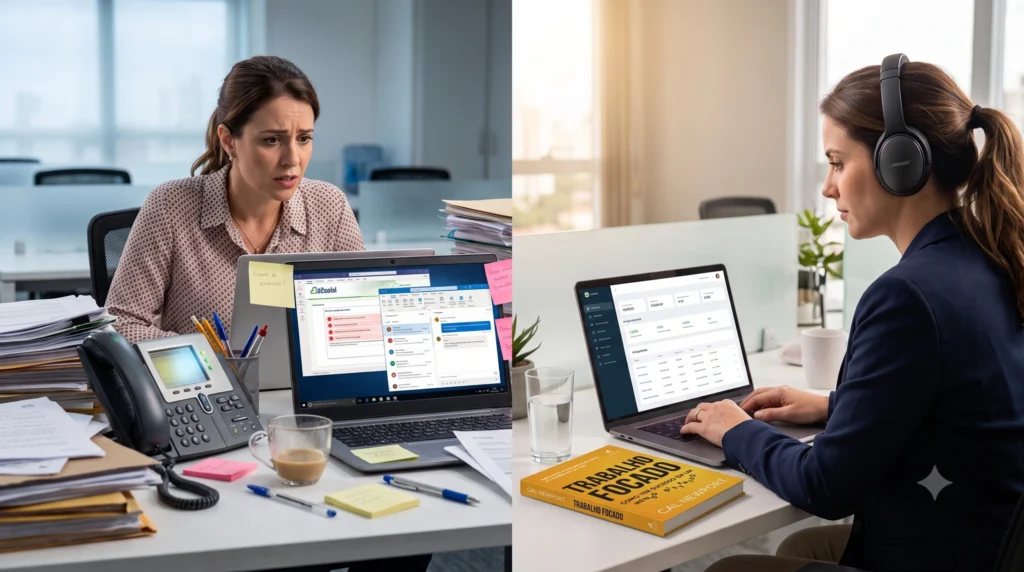 Comparativo de antes e depois no Departamento Pessoal: à esquerda, mulher estressada em mesa de escritório caótica com o eSocial na tela; à direita, a mesma profissional focada, usando fones de ouvido, trabalhando com tranquilidade ao lado do livro Trabalho Focado de Cal Newport.