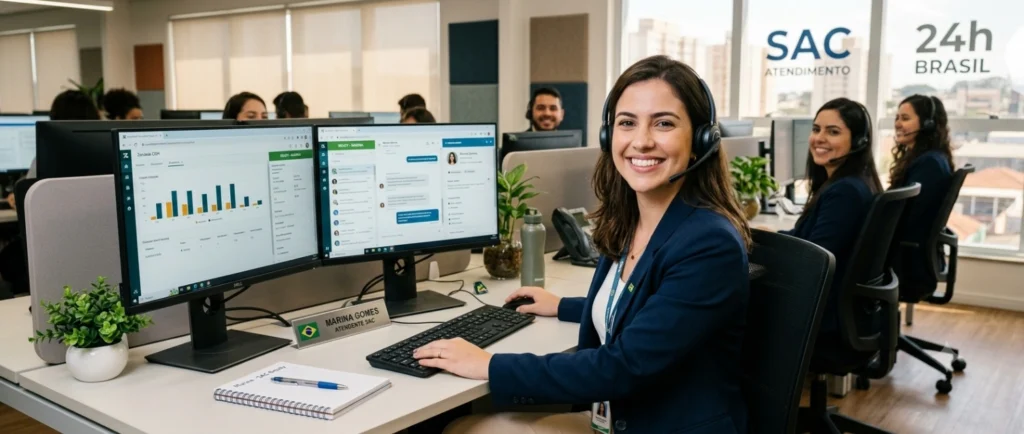 Atendente de SAC mulher sorrindo em escritório de telemarketing, usando headset e trabalhando no computador em ambiente de suporte ao cliente.