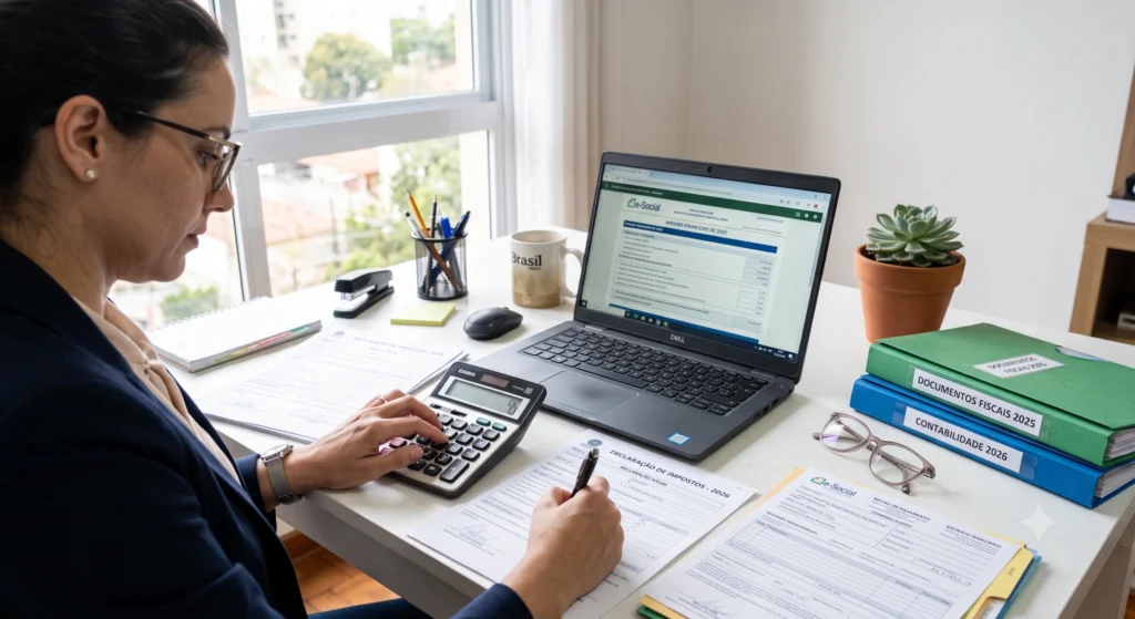 Uma analista de Departamento Pessoal, usando óculos e blazer, sentada em frente a um notebook que exibe um formulário do eSocial e a folha de pagamento. Ela usa uma calculadora enquanto preenche o Termo de Rescisão de Contrato de Trabalho (TRCT) com uma caneta. Sobre a mesa branca, há documentos fiscais, pastas organizadoras e óculos.