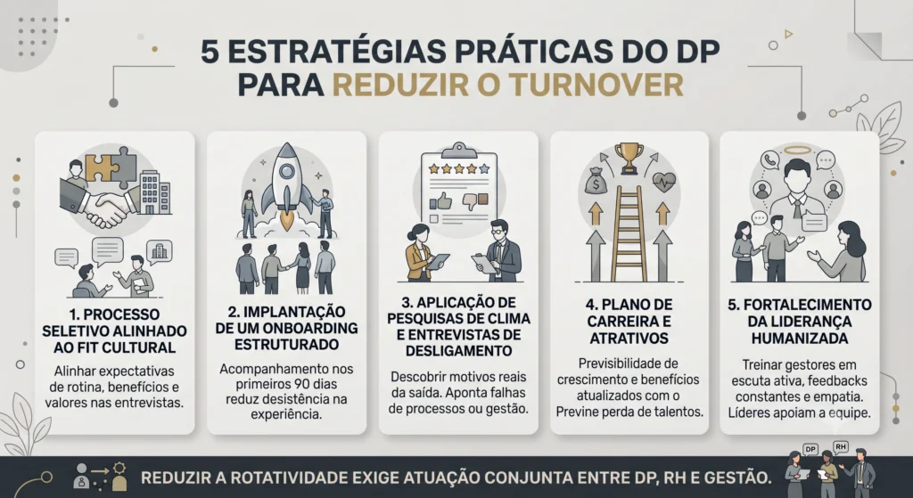 Infográfico detalhando 5 estratégias práticas do Departamento Pessoal para reduzir o turnover: 1. Processo Seletivo com Fit Cultural; 2. Onboarding Estruturado; 3. Pesquisas de Clima e Desligamento; 4. Plano de Carreira e Benefícios; 5. Liderança Humanizada. No rodapé, o texto: Reduzir a rotatividade exige atuação conjunta entre DP, RH e Gestão.