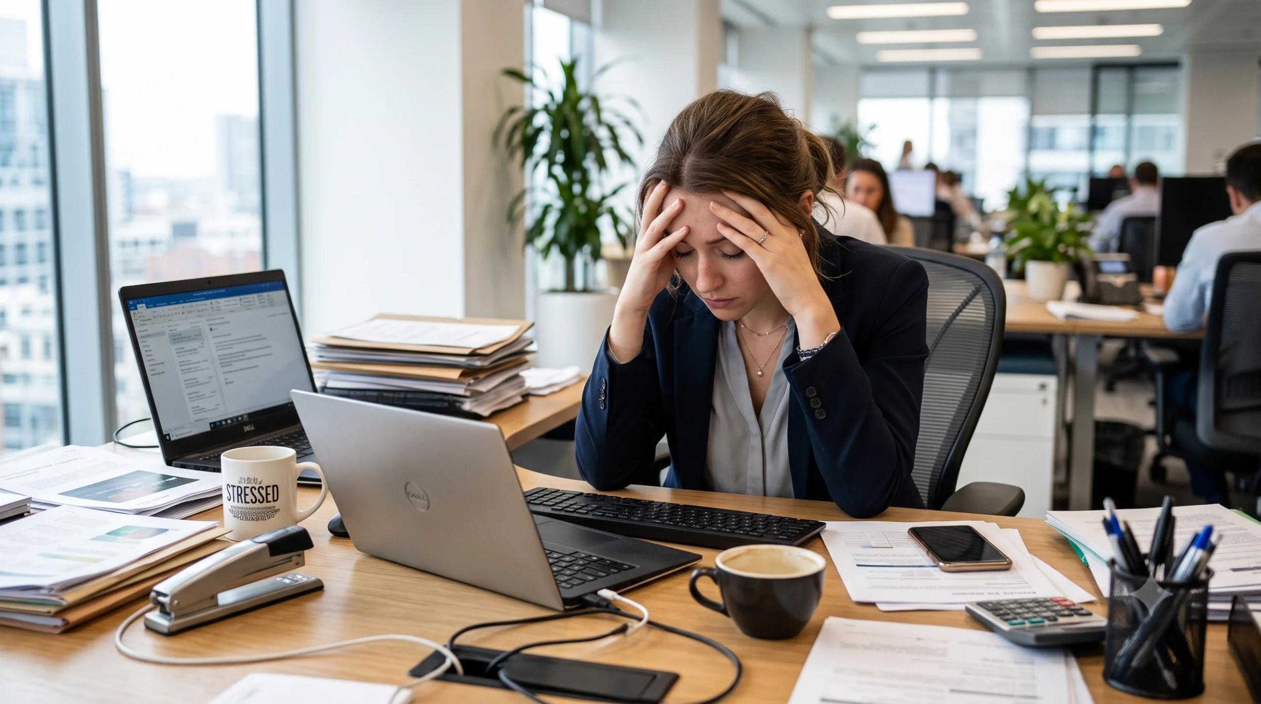 Mulher de negócios sentada em uma mesa de escritório moderno com as mãos na cabeça, demonstrando exaustão e estresse. À sua frente há um notebook aberto, papéis espalhados e uma xícara de café.