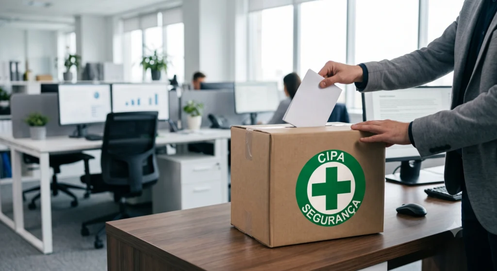Pessoa depositando voto em uma urna de papelão com o logo verde da CIPA e Segurança, durante eleição corporativa em um escritório moderno.