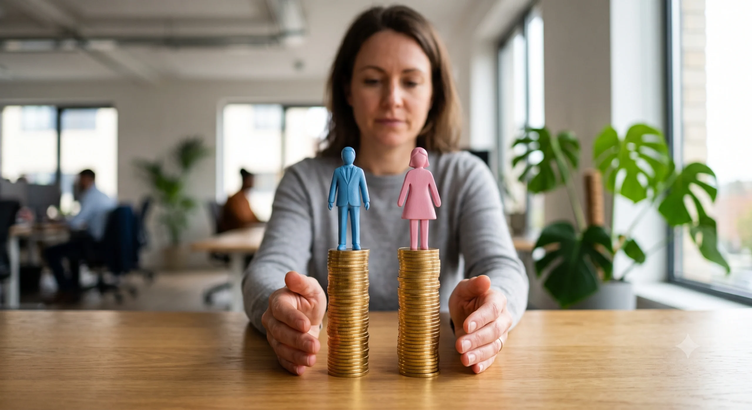 Representação de equidade salarial. Um homem azul e uma mulher rosa estão sobre pilhas de moedas douradas de mesma altura. Ao fundo, uma mulher desfocada com as mãos ao redor das figuras como forma de amparo e reflexão sobre igualdade de gênero no trabalho.
