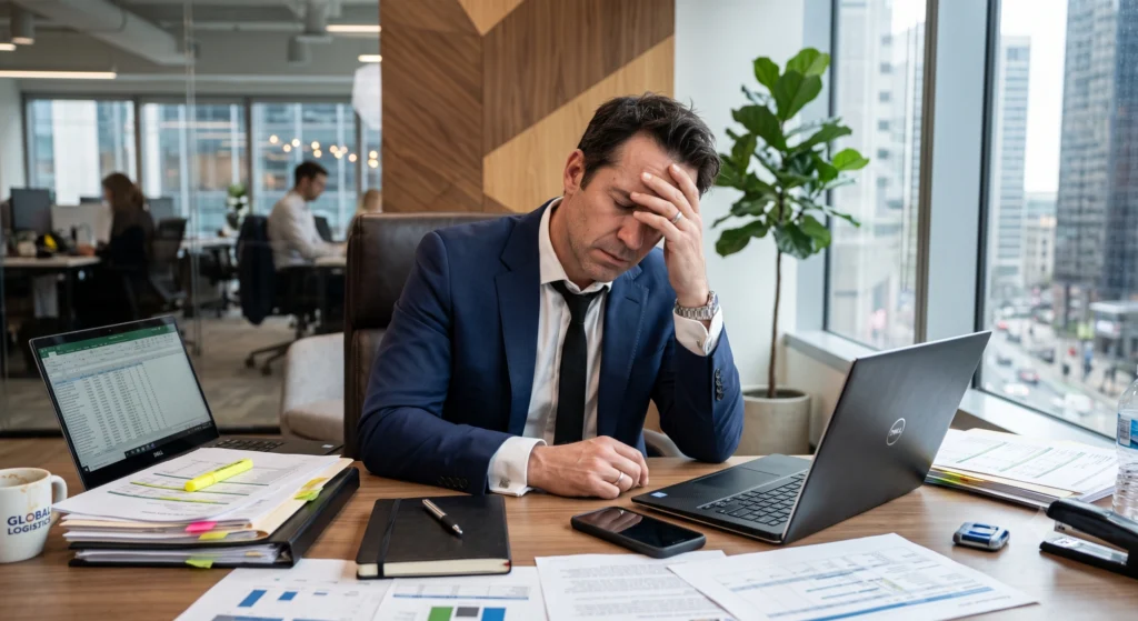Executivo de terno azul sentada à mesa de escritório com a mão na testa, demonstrando exaustão, estresse e sinais de burnout diante de notebooks e pilhas de papéis.