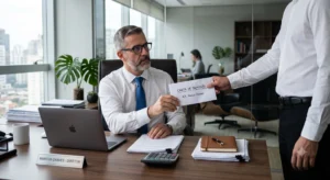 Funcionário de camisa branca entregando envelope com a frase Carta de Demissão para o chefe sentado em sua mesa de escritório corporativo.