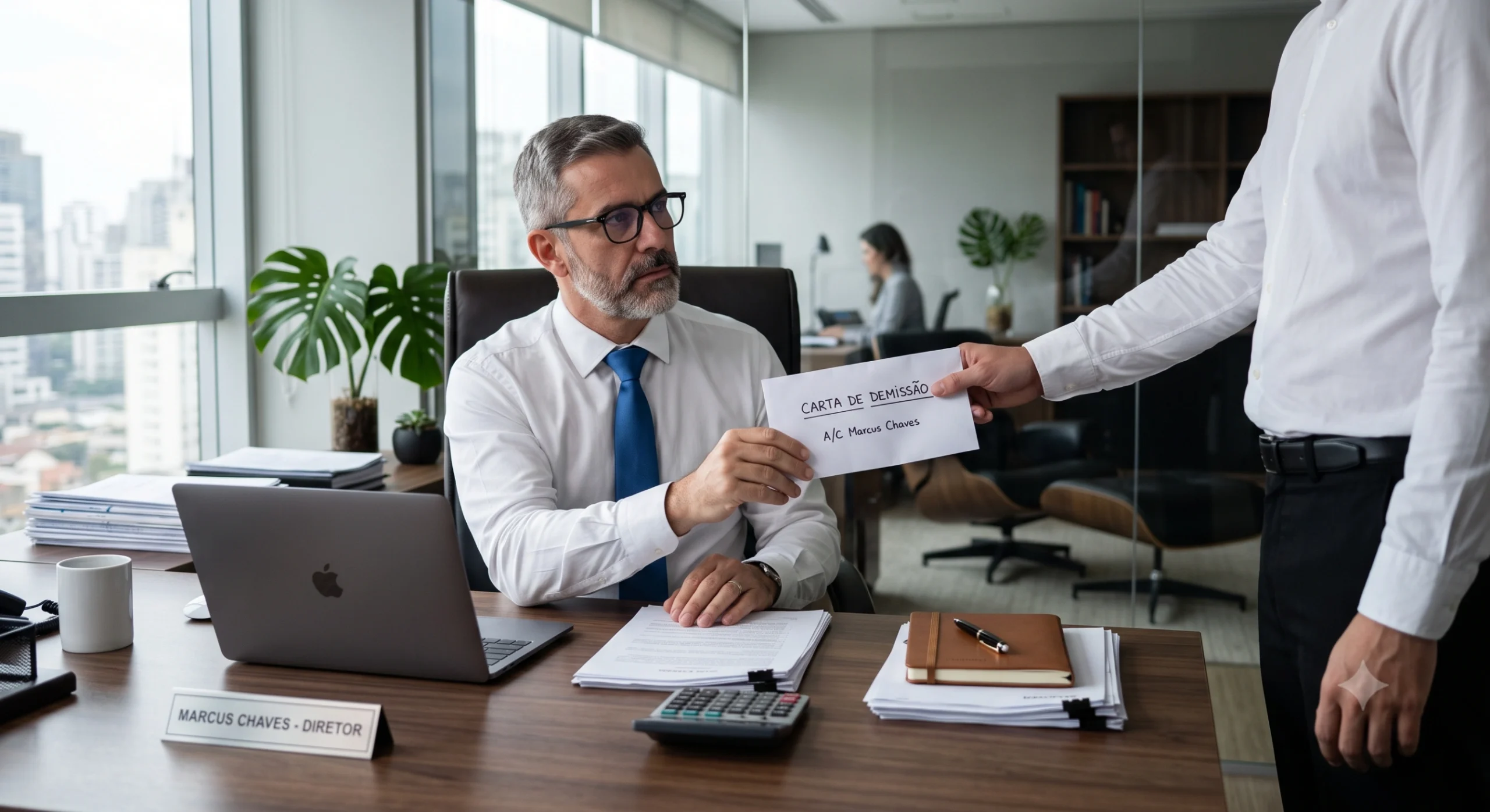 Funcionário de camisa branca entregando envelope com a frase Carta de Demissão para o chefe sentado em sua mesa de escritório corporativo.