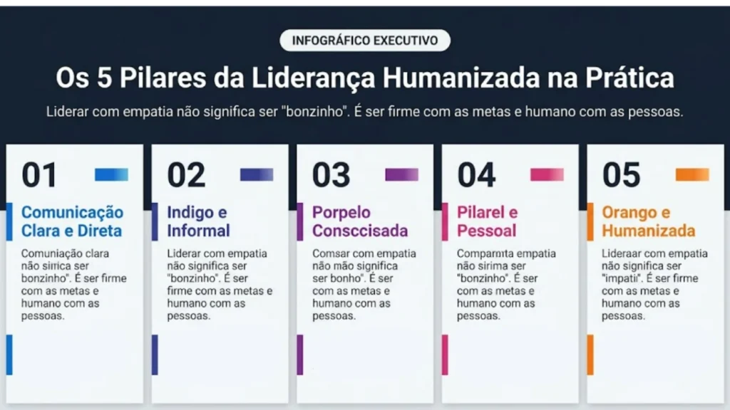 Infográfico executivo detalhando os 5 pilares da Liderança Humanizada na prática: Comunicação Clara, Escuta Ativa, Delegar com Confiança, Feedback Contínuo, e Empatia. Mostra colunas coloridas numeradas de 1 a 5 com descrições curtas sobre como liderar com empatia e firmeza.