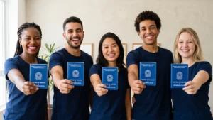 Cinco jovens aprendizes sorrindo e segurando a carteira de trabalho azul em um ambiente corporativo.