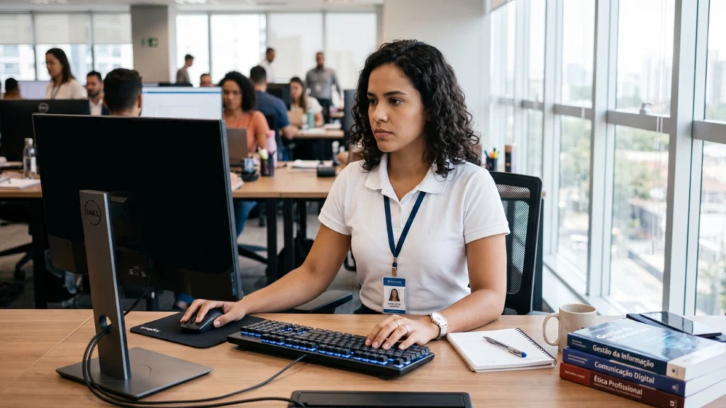 Uma jovem aprendiz com cabelos cacheados e camisa polo branca trabalha concentrada em um computador desktop em um escritório moderno movimentado.