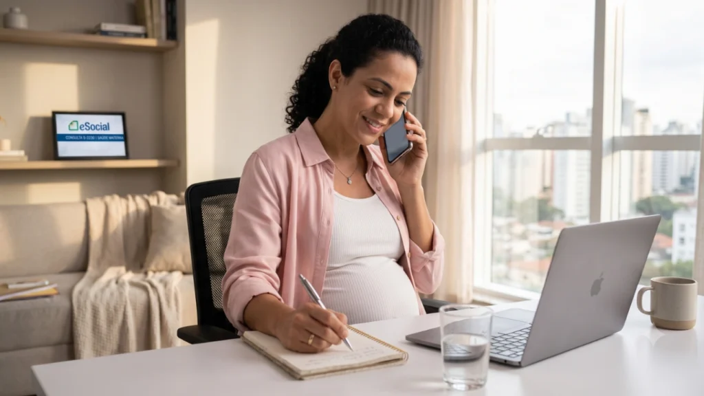 Mulher grávida trabalhando em home office no notebook e conversando ao celular enquanto organiza o planejamento do trabalho e da licença-maternidade.