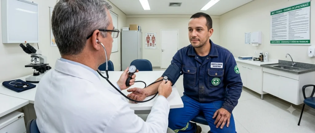 Médico do trabalho de jaleco branco medindo a pressão arterial de um trabalhador de fábrica usando uniforme azul em consultório médico, com microscópio e cartaz da NR-7 ao fundo.