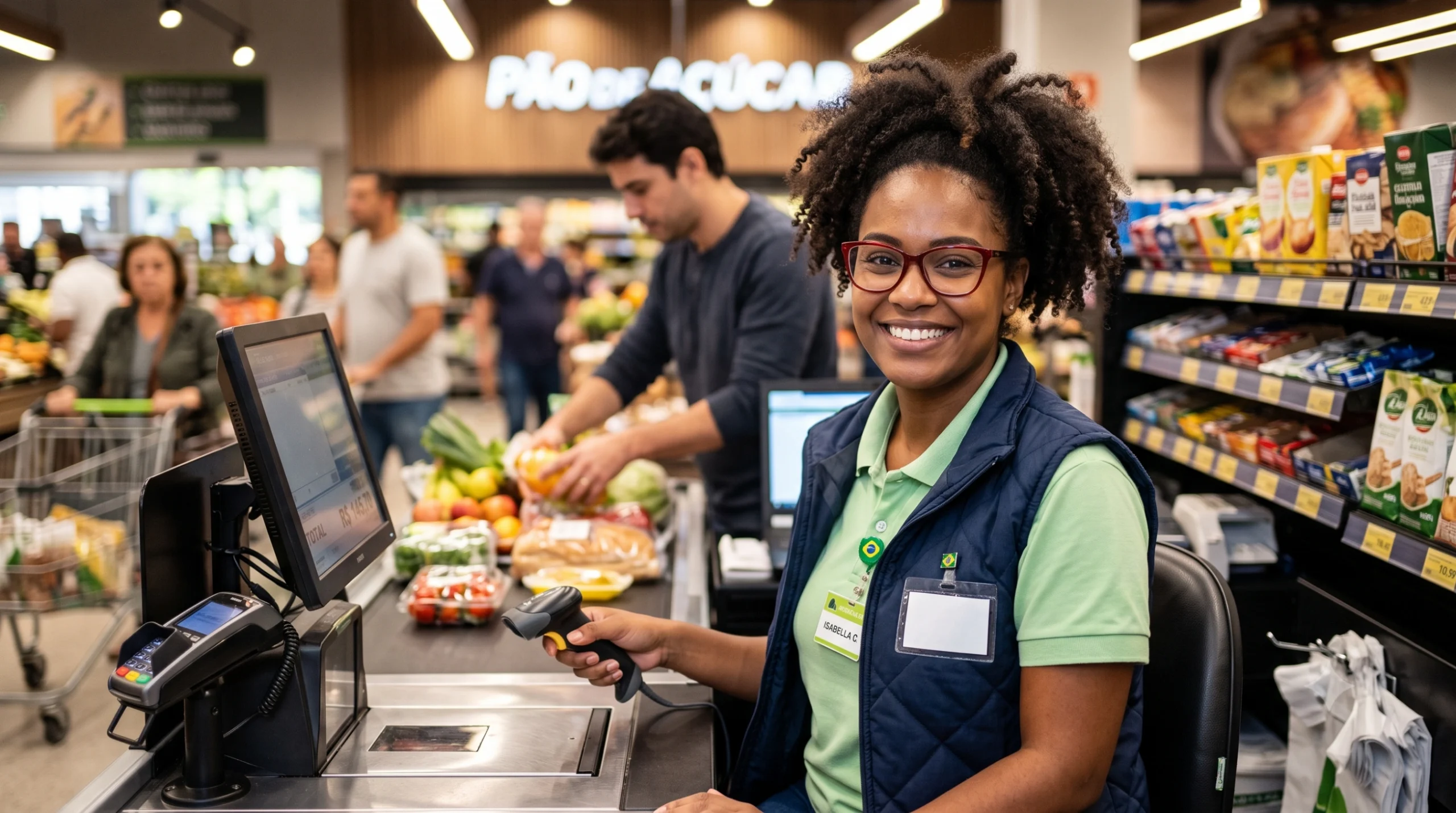 Uma operadora de caixa negra, de cabelos cacheados e óculos vermelhos, sorri para a câmera enquanto segura um leitor de código de barras. Ela usa uma polo verde e colete azul. Ao fundo desfocado, vê-se a esteira com compras e a placa "Pão de Açúcar".