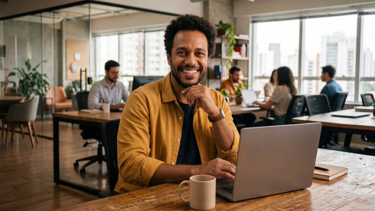 Homem negro sorrindo e olhando para a câmera com confiança enquanto trabalha em seu notebook em um escritório moderno.
