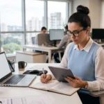 Profissional de Departamento Pessoal de óculos usando tablet e anotando em caderno em mesa de trabalho moderna com notebook.