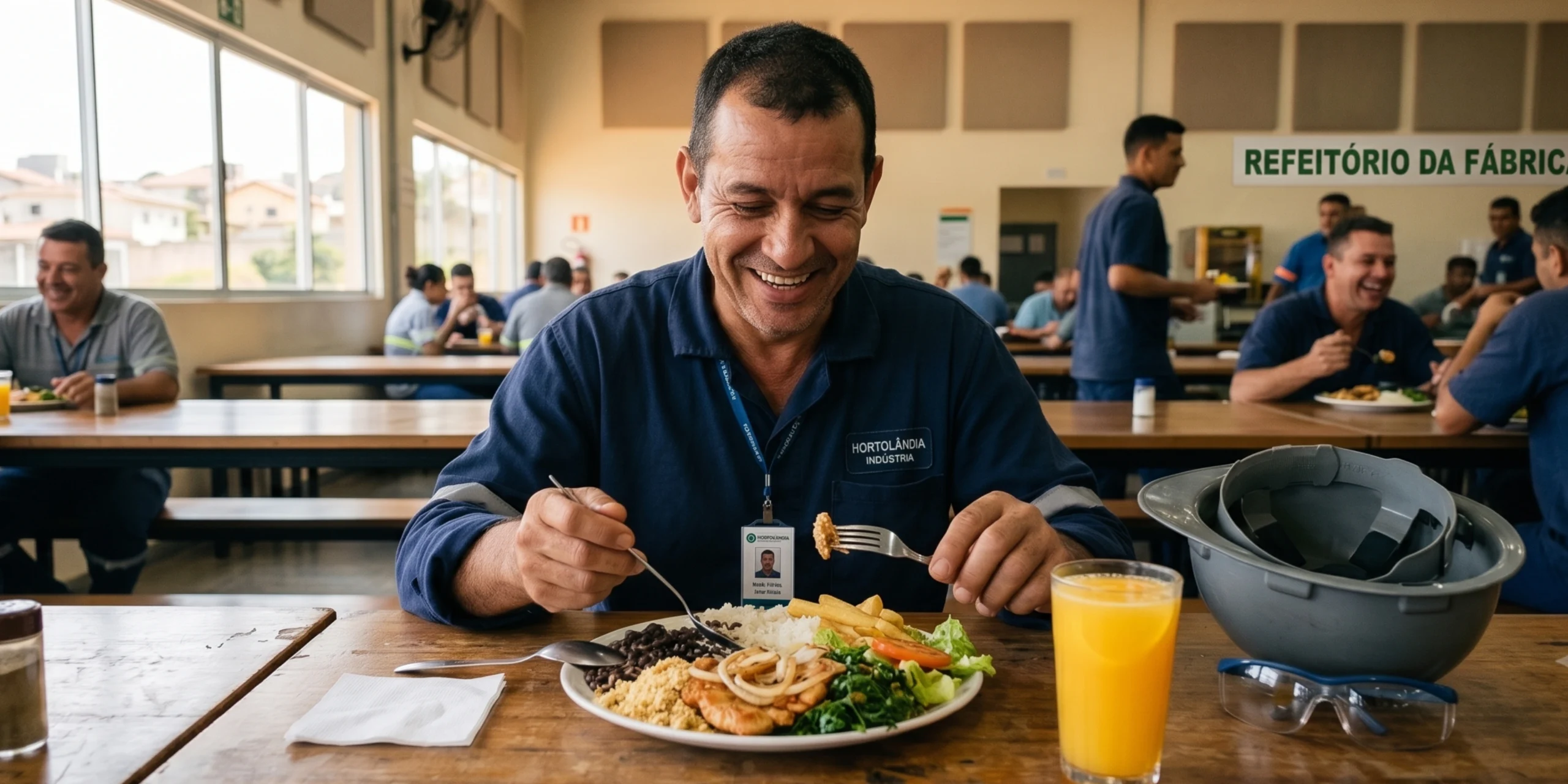 Trabalhador de indústria sorrindo enquanto almoça em um refeitório de fábrica limpo e organizado, com um prato de comida caseira, copo de suco e capacete de segurança sobre a mesa.