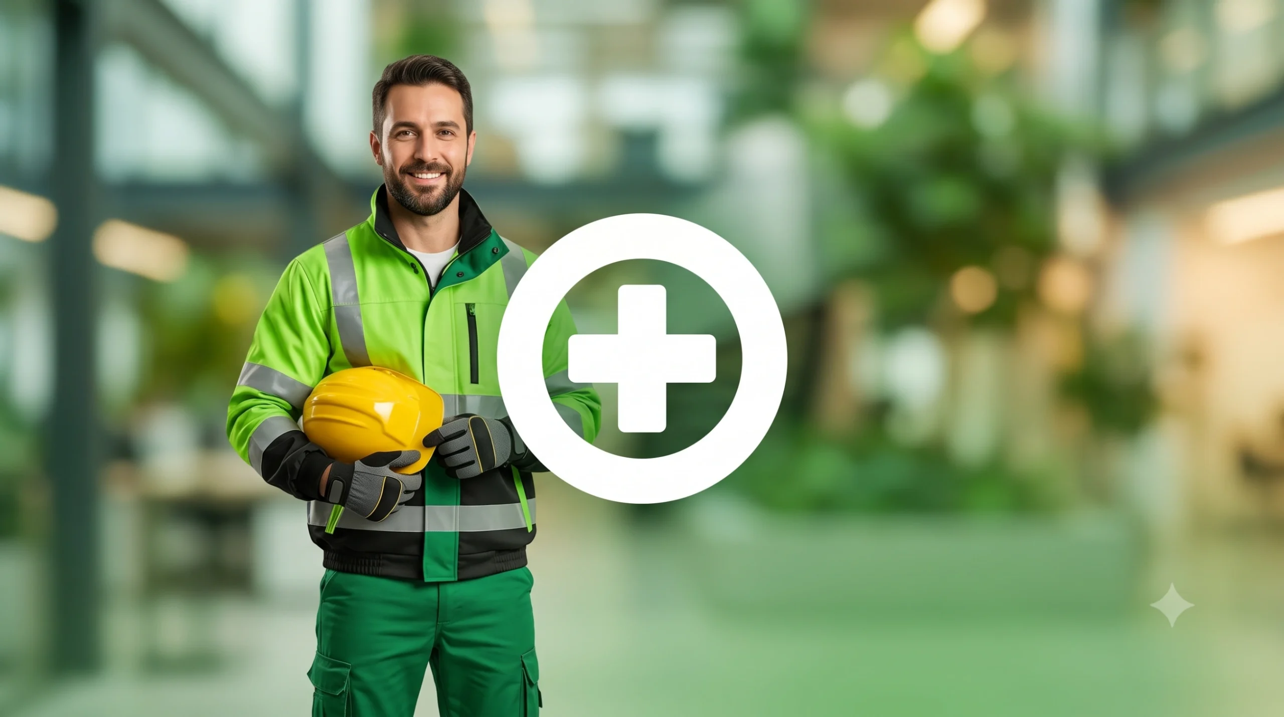 Técnico de Segurança do Trabalho com uniforme de alta visibilidade verde, luvas e capacete amarelo, sorrindo em um escritório moderno, com um símbolo de cruz de segurança branca sobreposto à direita. Imagem representa conformidade com SST e eSocial.
