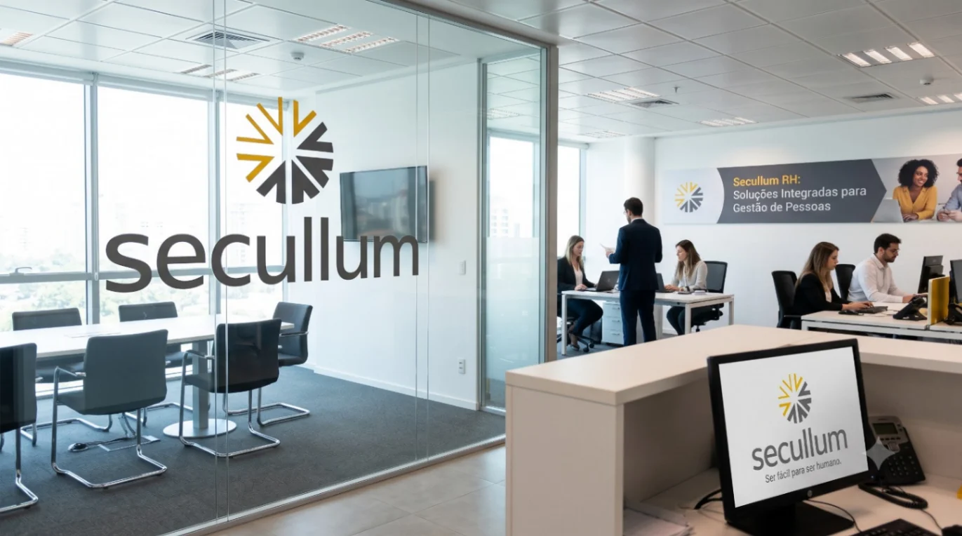 Escritório corporativo moderno com profissionais trabalhando e logotipo da Secullum em destaque no vidro da sala de reuniões e na tela do computador de recepção.