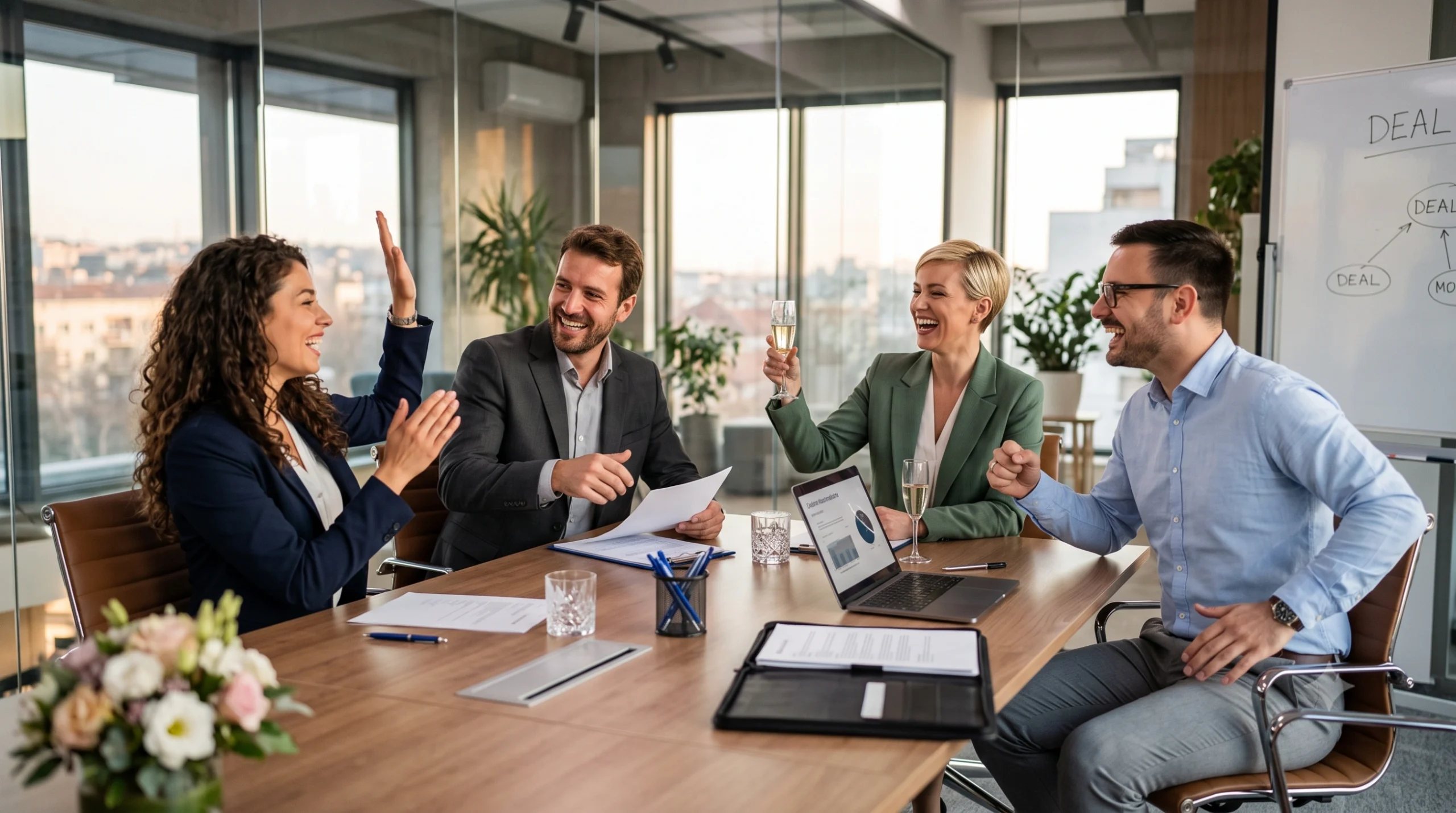 Quatro profissionais de Departamento Pessoal e RH celebrando em uma sala de reunião moderna, comemorando uma auditoria bem-sucedida ou conformidade do eSocial. Duas mulheres e dois homens sorrindo, um deles brindando.