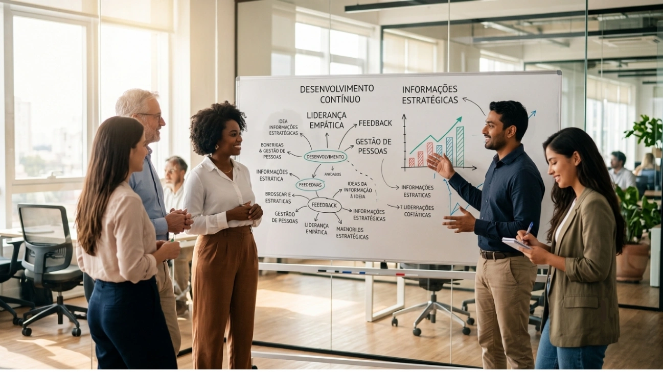 Equipe corporativa reunida em sala de reunião discutindo estratégias de Mindset de Crescimento na Gestão de Pessoas.