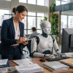 Mulher em escritório de pé analisando documentos ao lado de um robô que está sentado na frente de um computador.