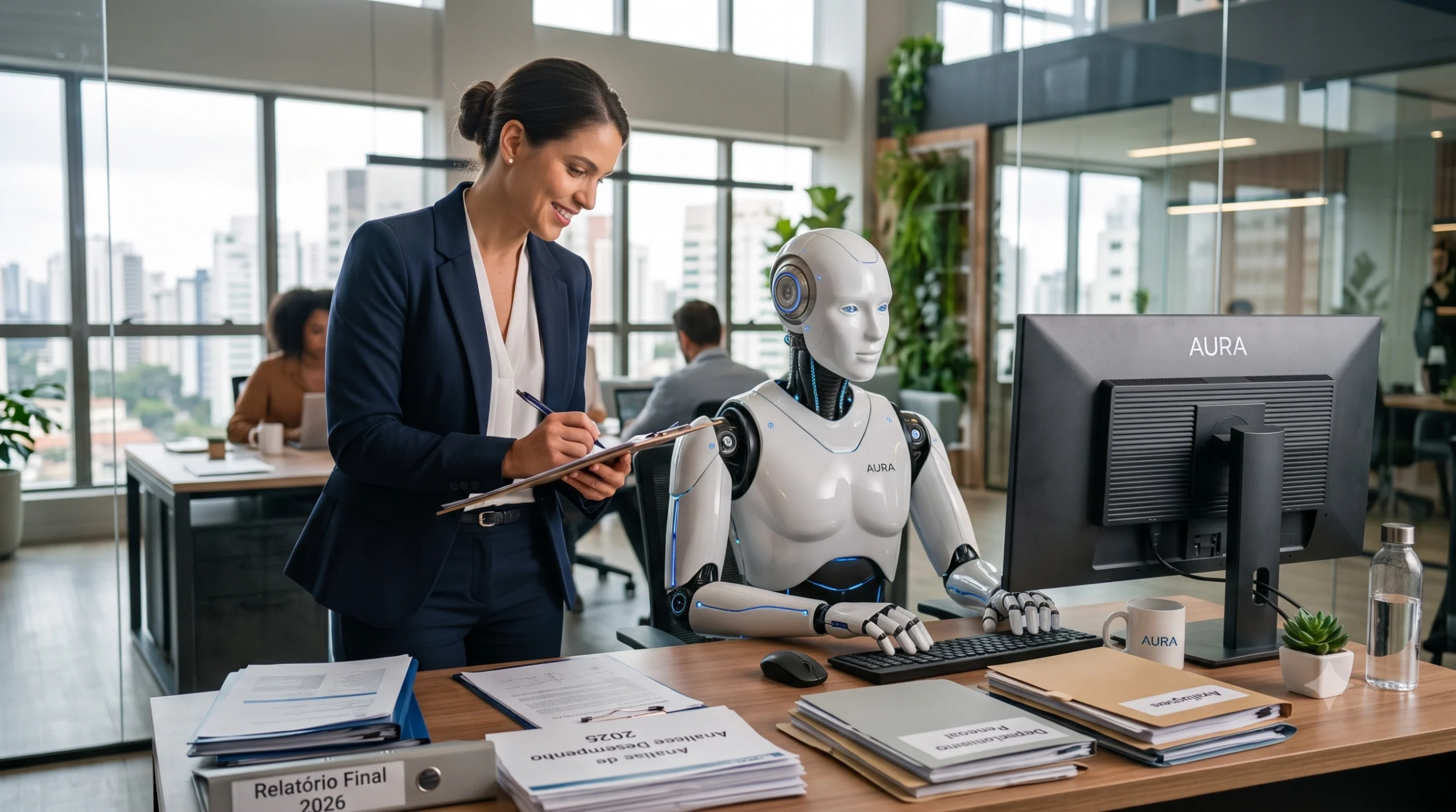 Mulher em escritório de pé analisando documentos ao lado de um robô que está sentado na frente de um computador.