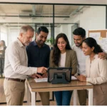 Pequeno empresário e gestor sênior junto com sua equipe jovem reunidos ao redor de uma mesa de escritório moderno, analisando dados em um tablet com postura colaborativa.