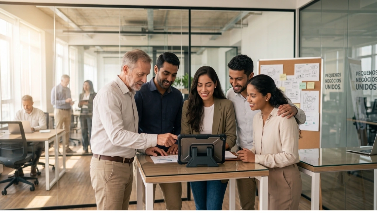 Pequeno empresário e gestor sênior junto com sua equipe jovem reunidos ao redor de uma mesa de escritório moderno, analisando dados em um tablet com postura colaborativa.
