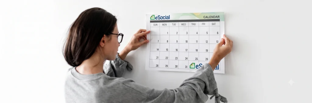 Mulher jovem com óculos e suéter cinza olhando atentamente para um calendário de parede com prazos do eSocial marcados, em um escritório branco.
