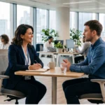 Uma gestora de RH sorridente e um funcionário jovem conversando sentados em uma mesa de reunião em um escritório moderno de plano aberto com paredes de vidro e vista para a cidade.