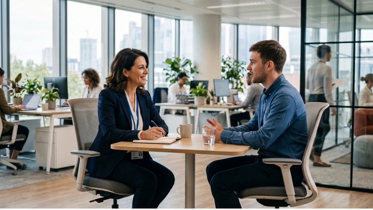 Uma gestora de RH sorridente e um funcionário jovem conversando sentados em uma mesa de reunião em um escritório moderno de plano aberto com paredes de vidro e vista para a cidade.