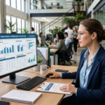 Profissional de RH trabalhando em escritório corporativo moderno analisando relatórios e gráficos de transparência salarial na tela do computador.
